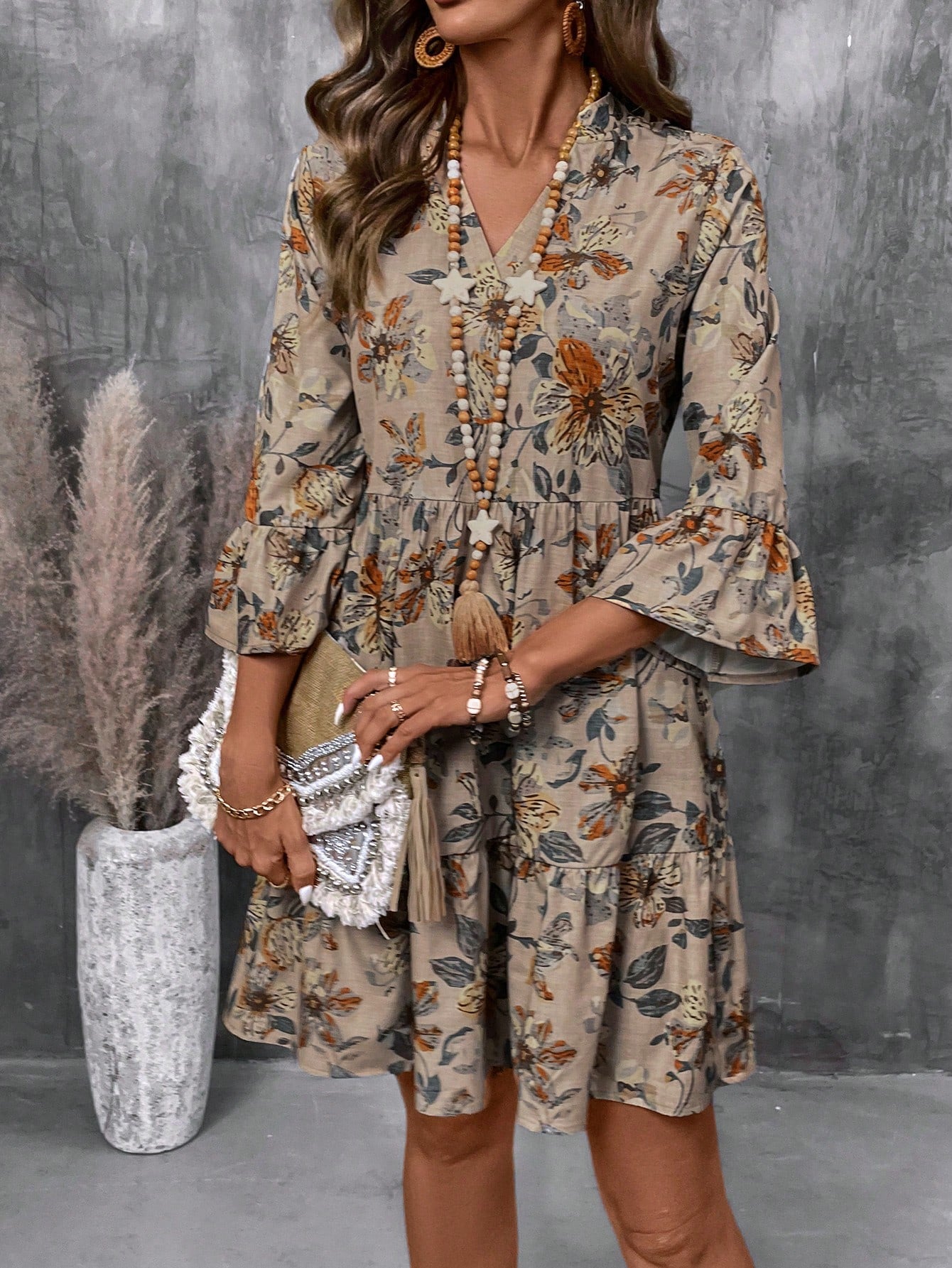 Floral Print V Neck Tiered Dress