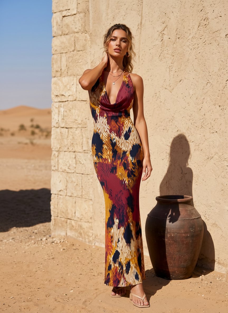 LILA Floral Print Cowl Neck Bodycon Midi Dress