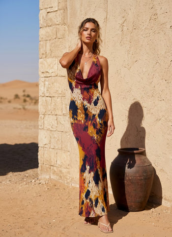 LILA Floral Print Cowl Neck Bodycon Midi Dress