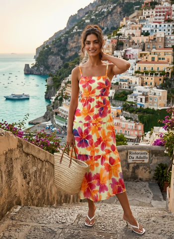 FLORA Floral Print Tiered Strap Midi Dress
