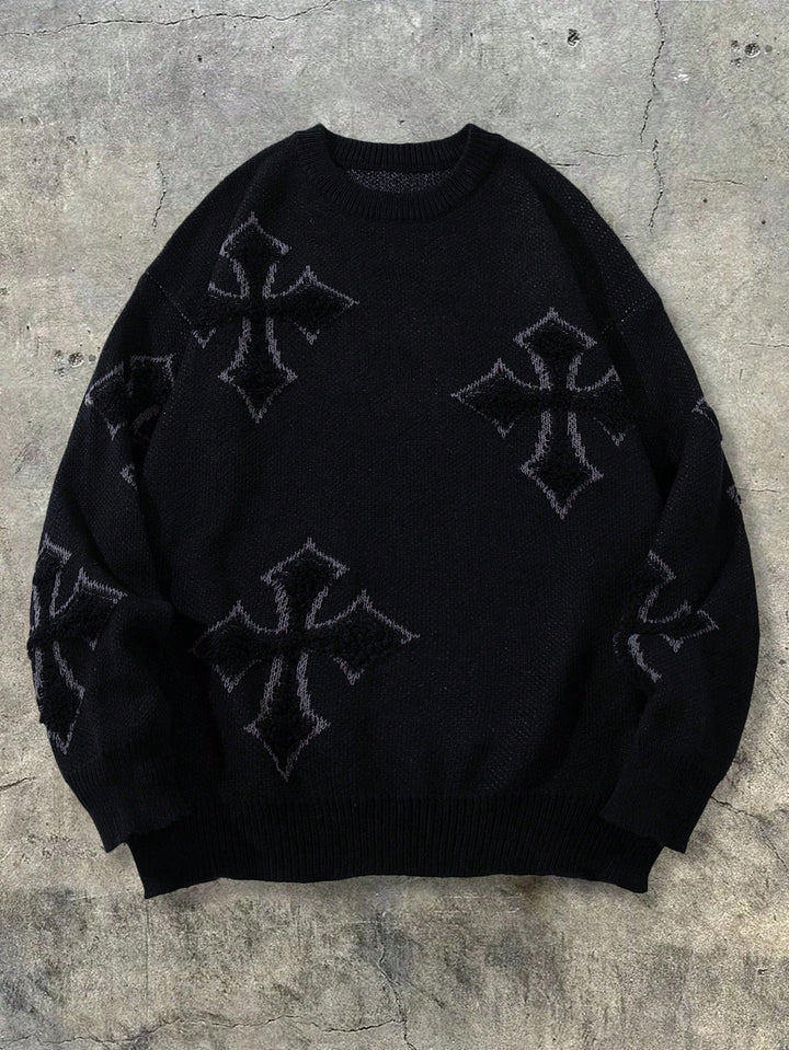 Oversized Gothic Cross Graphic Knit Sweater