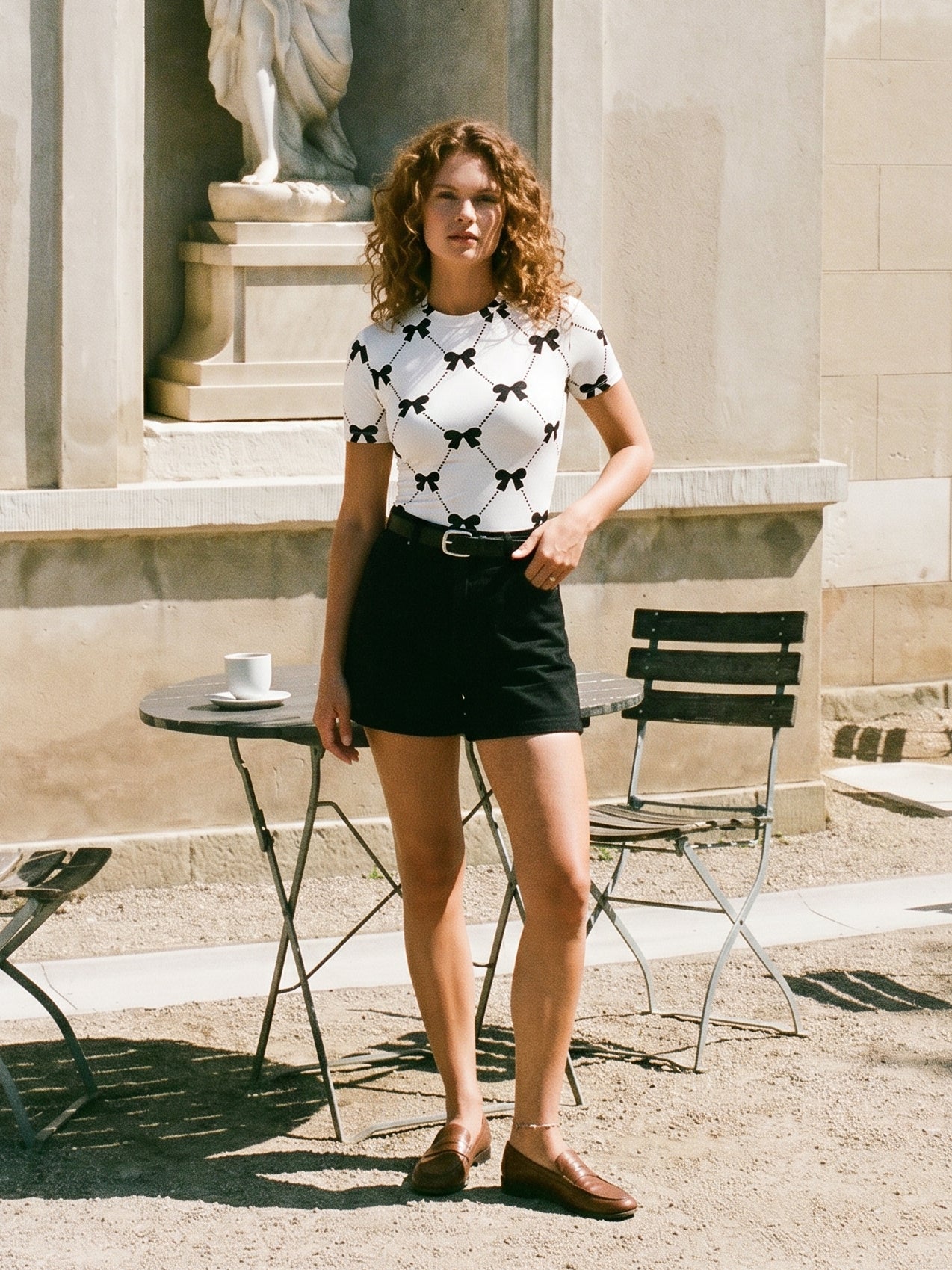 Cute Bow Print Fitted T-Shirt