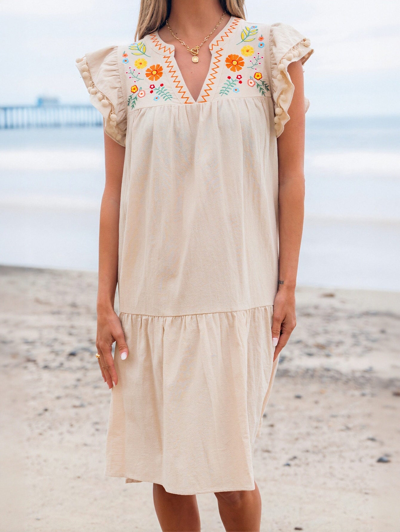 Embroidered Floral Loose Fit Midi Dress