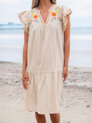 Embroidered Floral Loose Fit Midi Dress