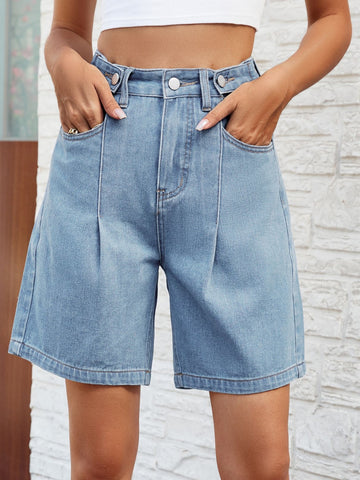 High Waisted Pleated Denim Shorts