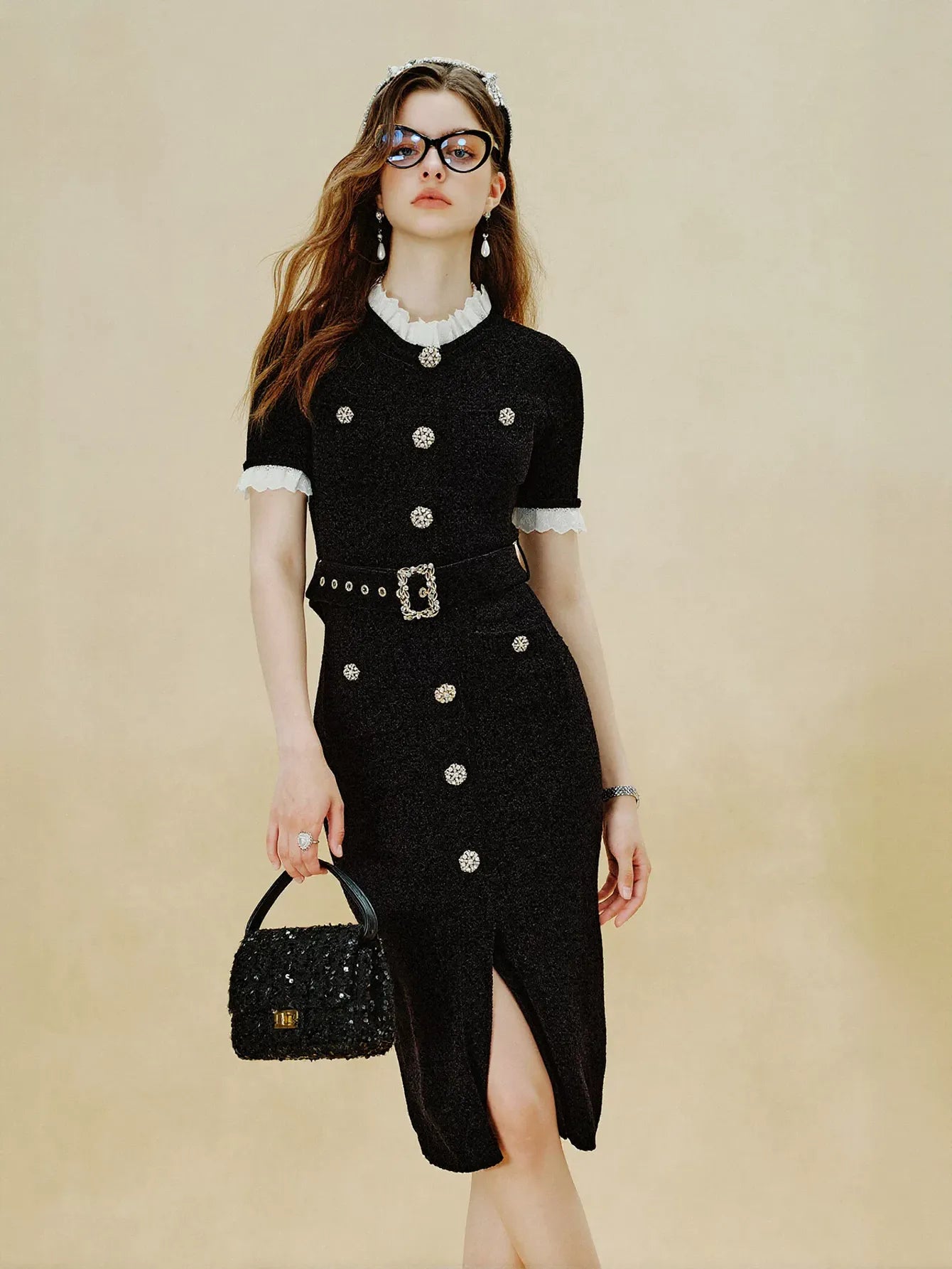 Elegant Tweed Belted Midi Dress