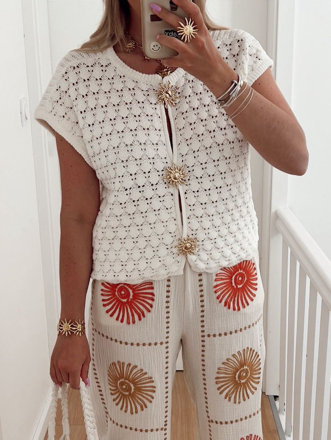 Open-Front Crochet Star-Button Boho Vest