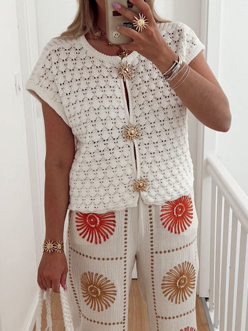 Open-Front Crochet Star-Button Boho Vest