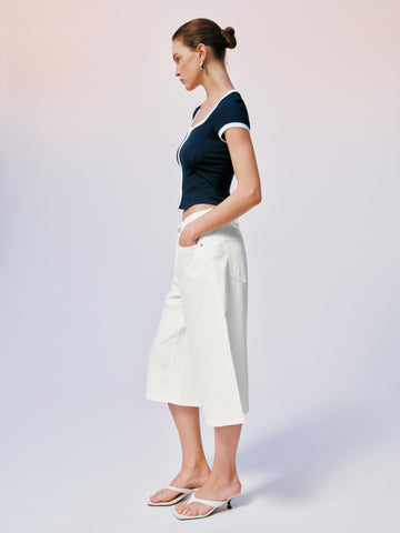Contrast Trim Square Neck Zip-Up Cropped Skinny-Fit T-Shirts