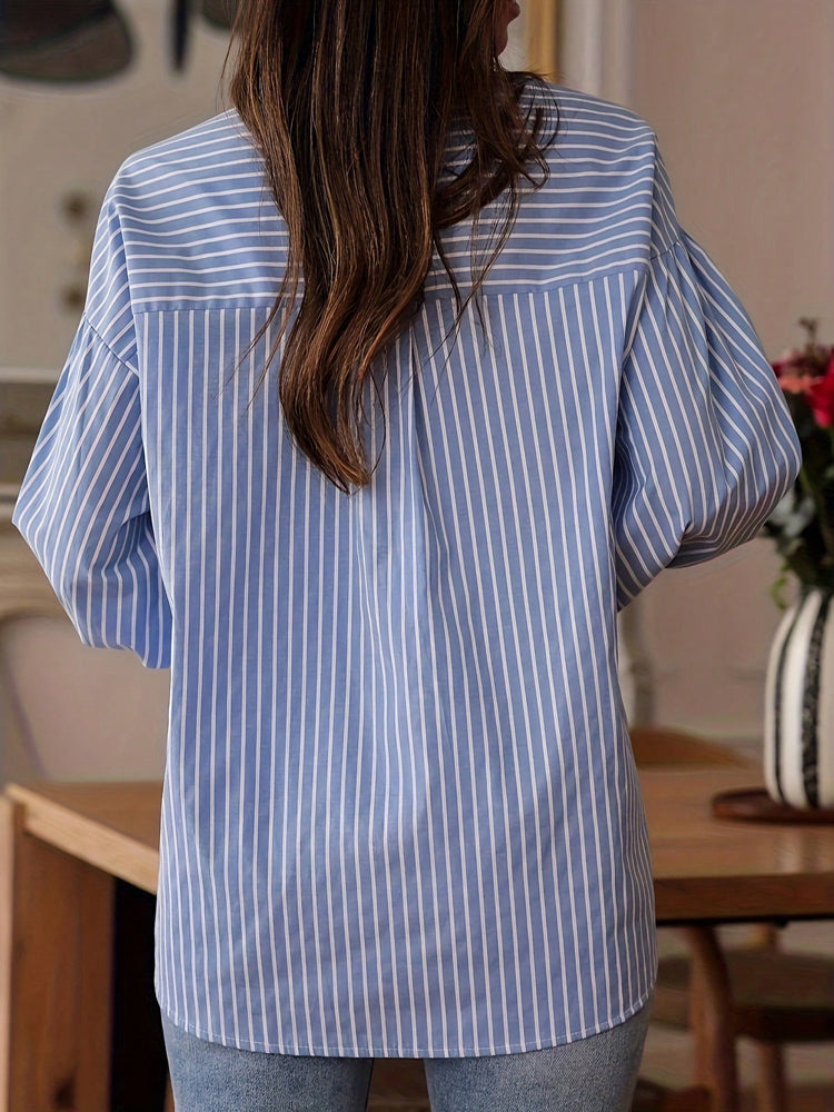 Striped Loose Fit Lace Panelin Bohemian Shirt-Blue