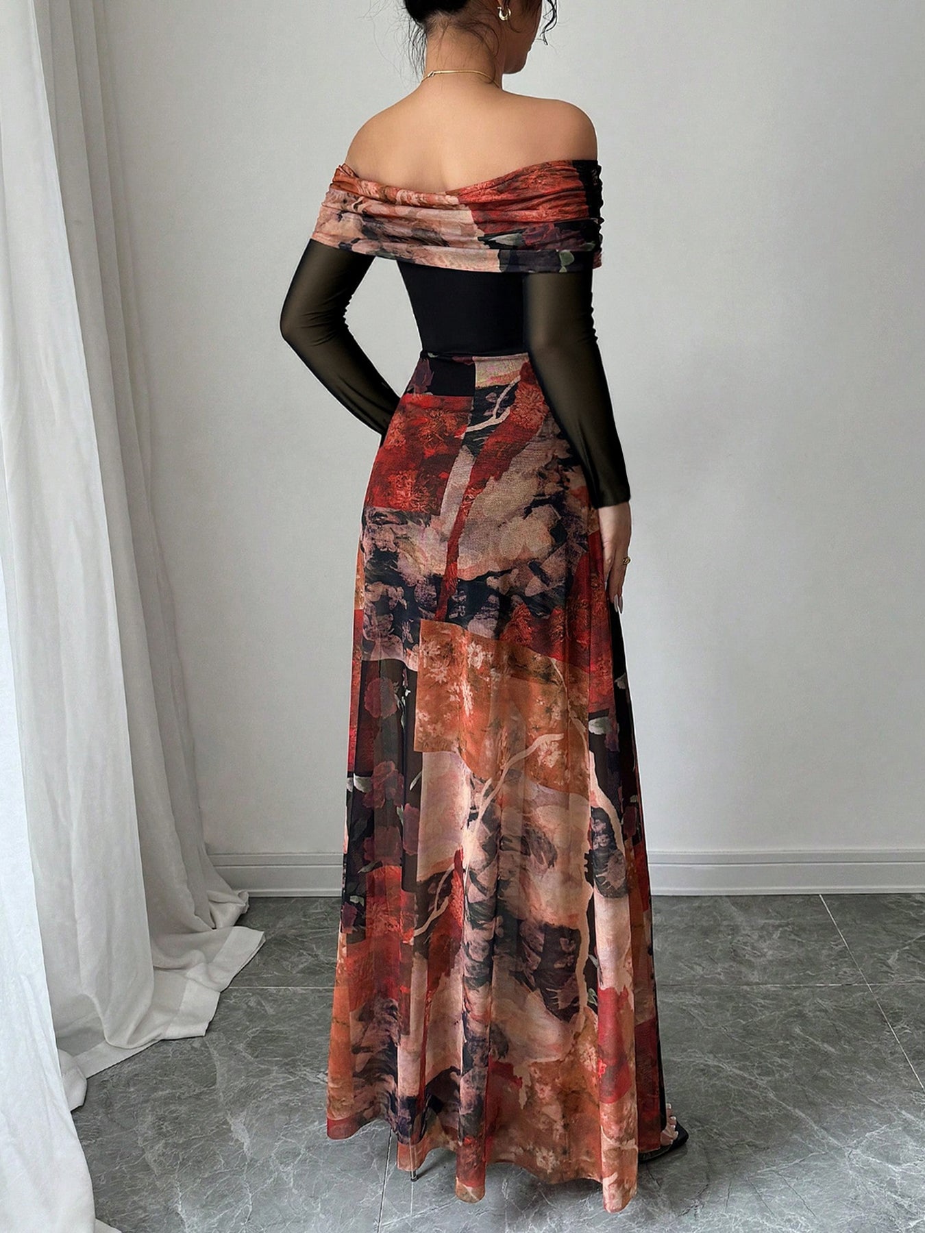 Off-Shoulder Sheer Sleeve Statement Gala Midi Dress-Multicolor