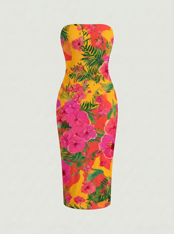 MAIA Floral Print Strapless Sheath Midi Dress