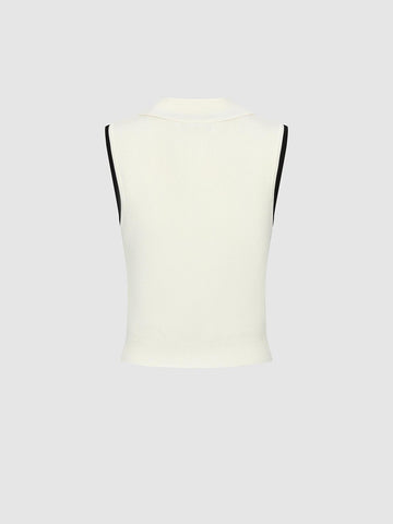 Urban Revivo Polo Neck Contrast Trim Sleeveless Knitted T-Shirts-White