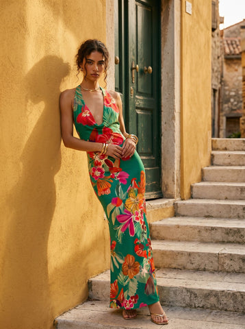 Floral Print Cowl Neck Bodycon Maxi Dress