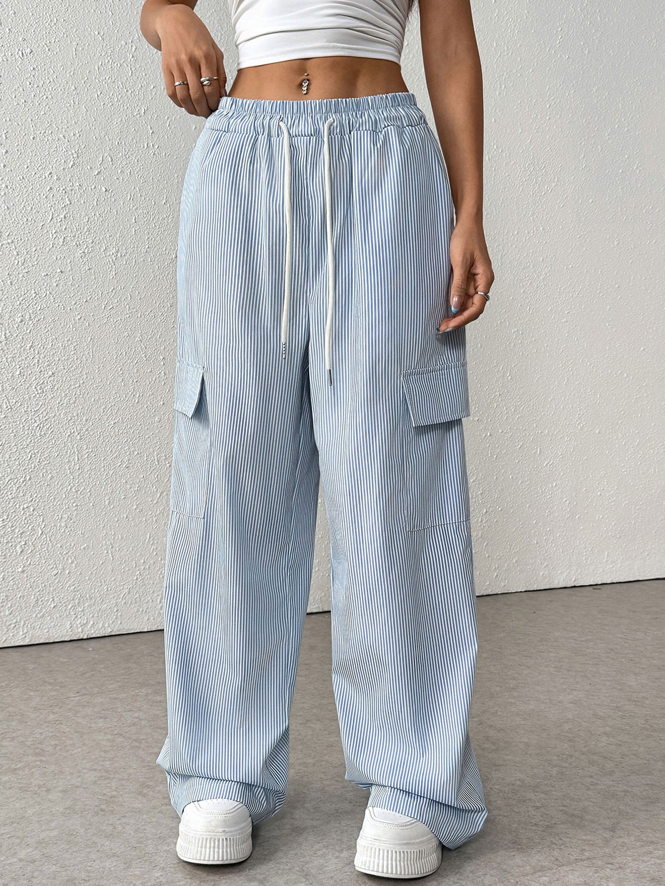 Striped Drawstring-Waist Casual Pants