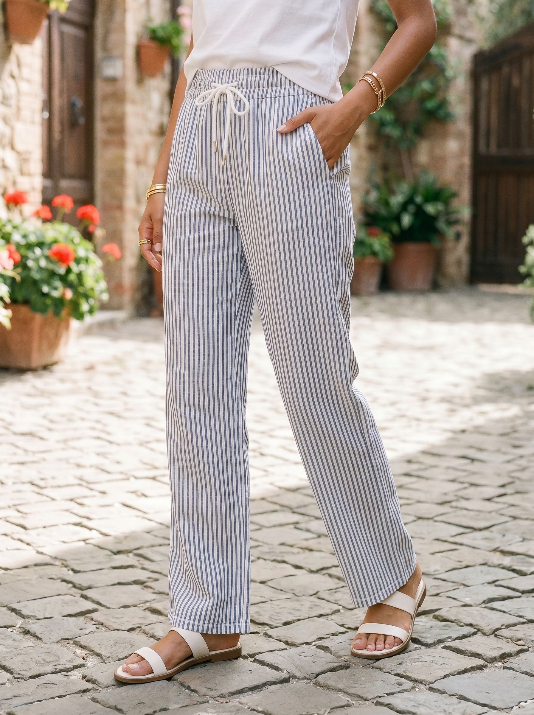 Comfy Striped Drawstring Wide Leg Pants