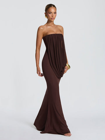 Draped Strapless Brown Maxi Dress