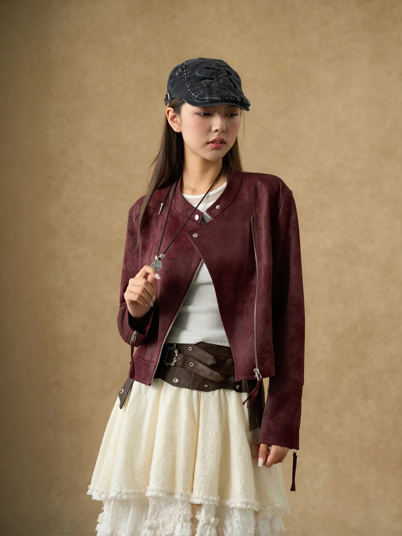 Burgundy Suede Moto Biker Jacket
