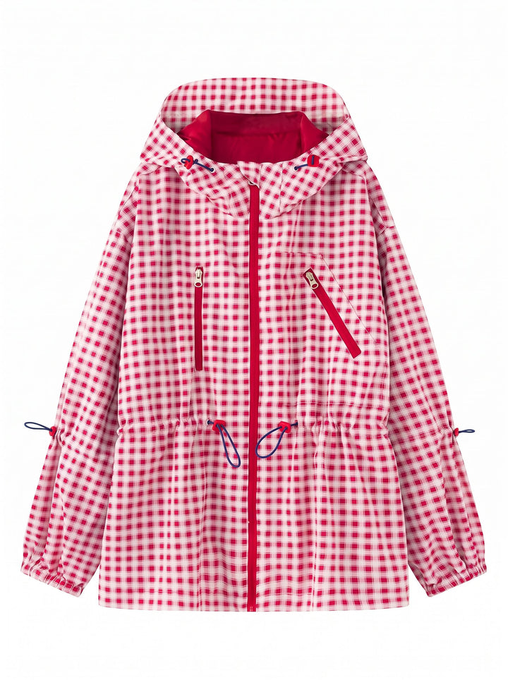 Gingham Drawstring Waist Hooded Jacket