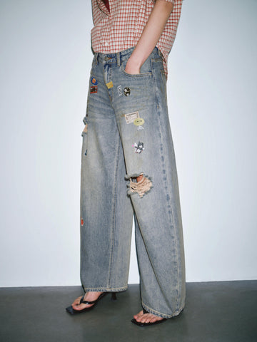 Patchwork Raw Detail Barrel Leg Jeans