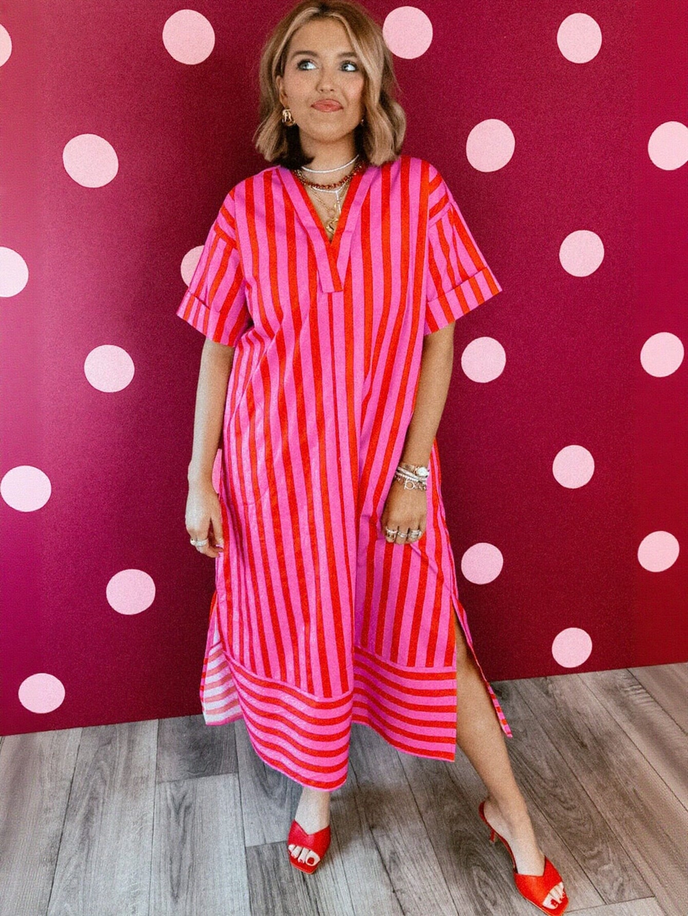 Vibrant Striped V Neck Midi Dress