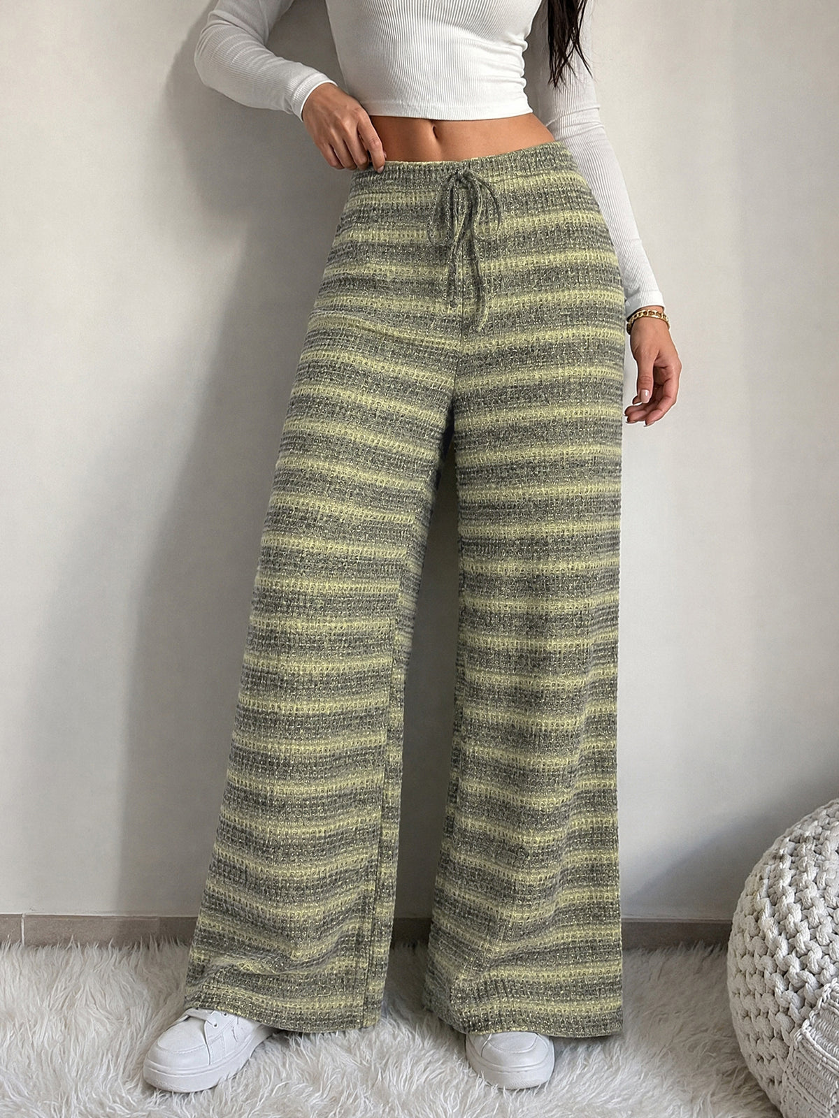 Comfy Striped Drawstring Wide Leg Pants