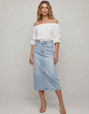 Cotton Denim Midi Skirt
