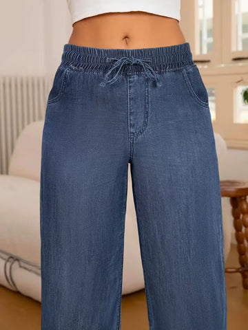 Comfy Drawstring Wide Leg Denim Pants