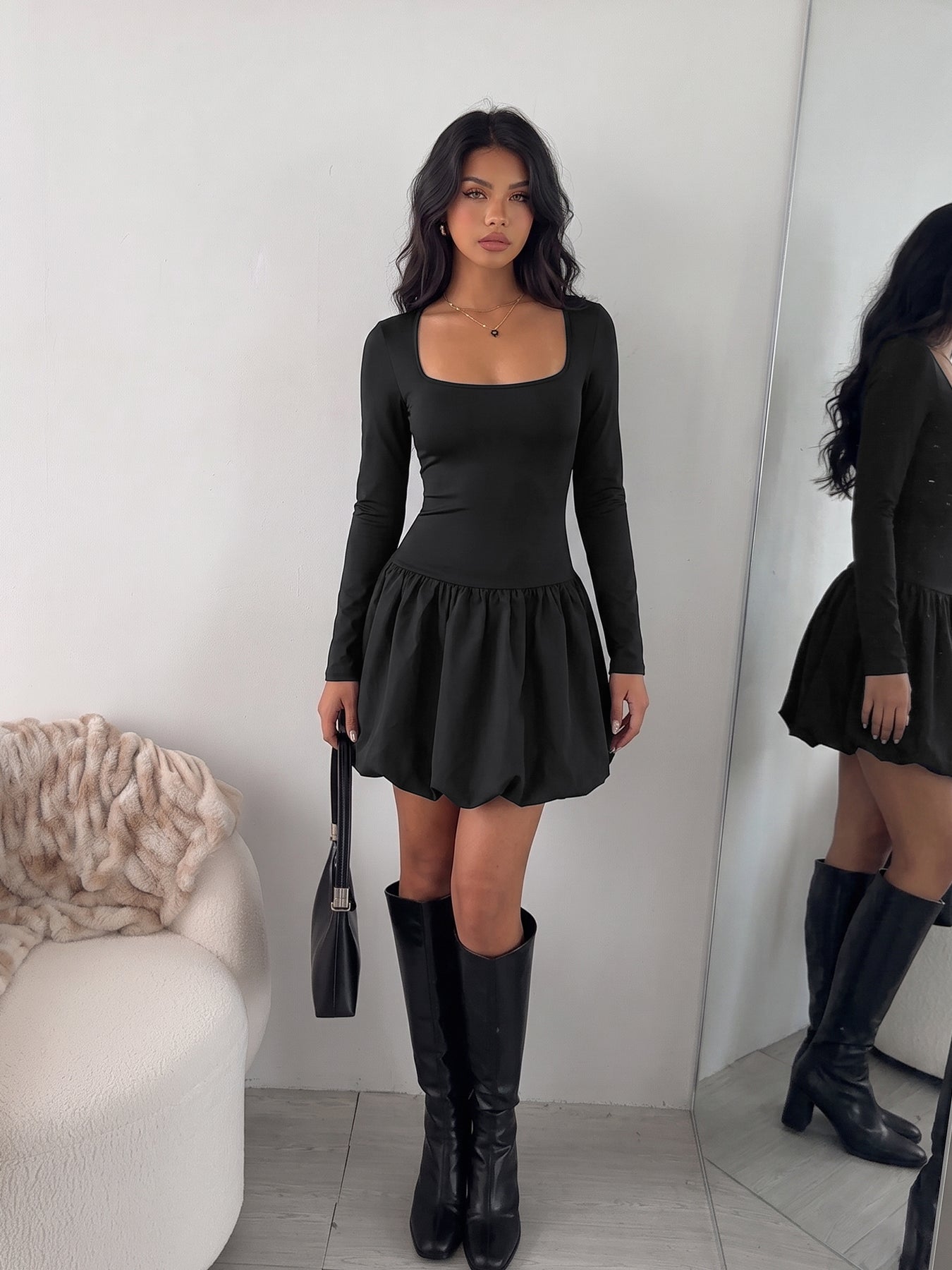 Long Sleeve Square Neck Bubble Dress