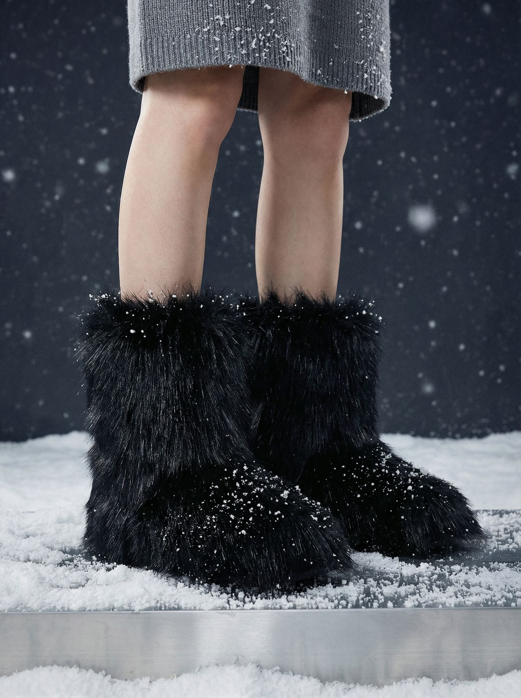 Plush Sheepskin Mid-Calf Slip-On Cozy Boots-Black