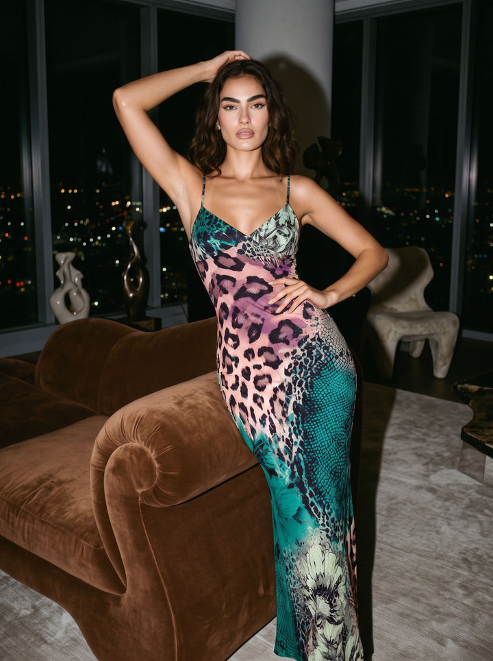 KIRA Leopard and Snakeskin Print Spaghetti Strap Bodycon Maxi Dress