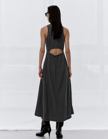 Urban Revivo Sleeveless Denim Midi Dresses-Deep Dark Gray Stripes