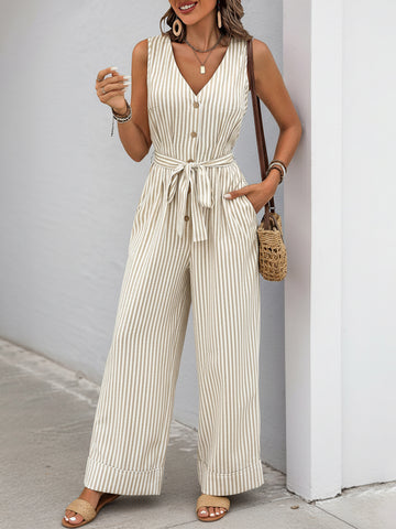 V Neck Striped Pattern Jumpsuit