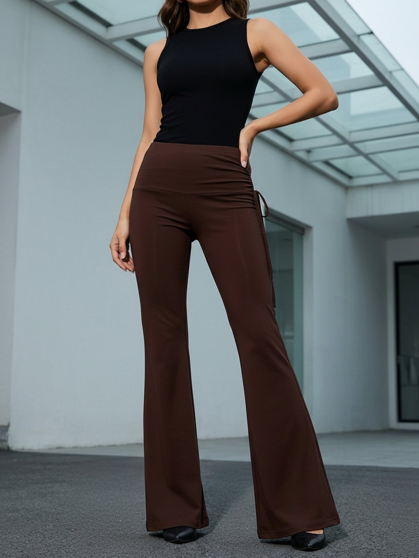 High-Waisted Drawstring Flare Pants-Multicolor