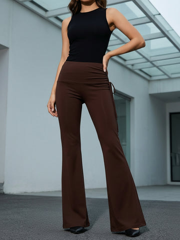 High-Waisted Drawstring Flare Pants-Multicolor