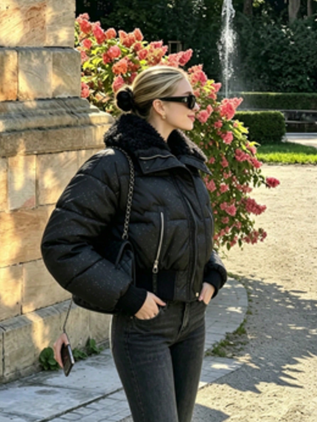 Shimmer Fleece Collar Cropped Puffer Jacket