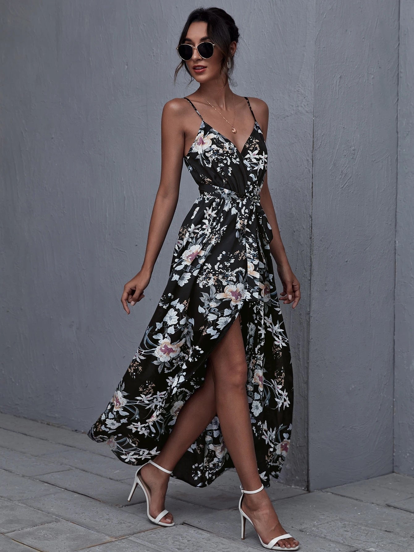 Spaghetti-Strap Floral-Print High-Slit Elegant Maxi Dress-Black