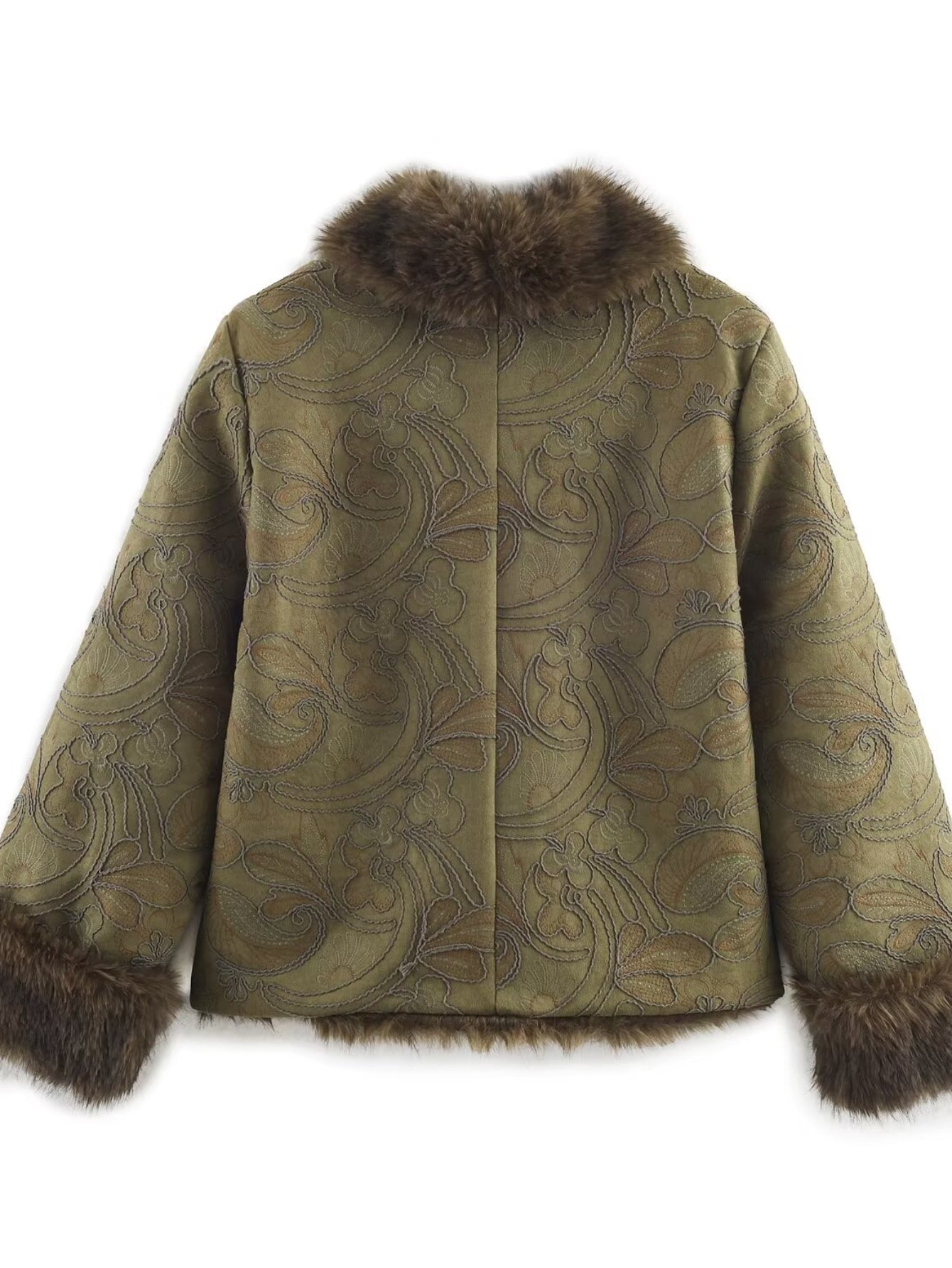 Embroidered Faux Fur Trim Coat