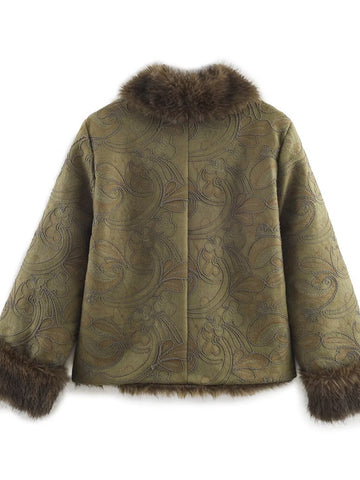 Embroidered Faux Fur Trim Coat