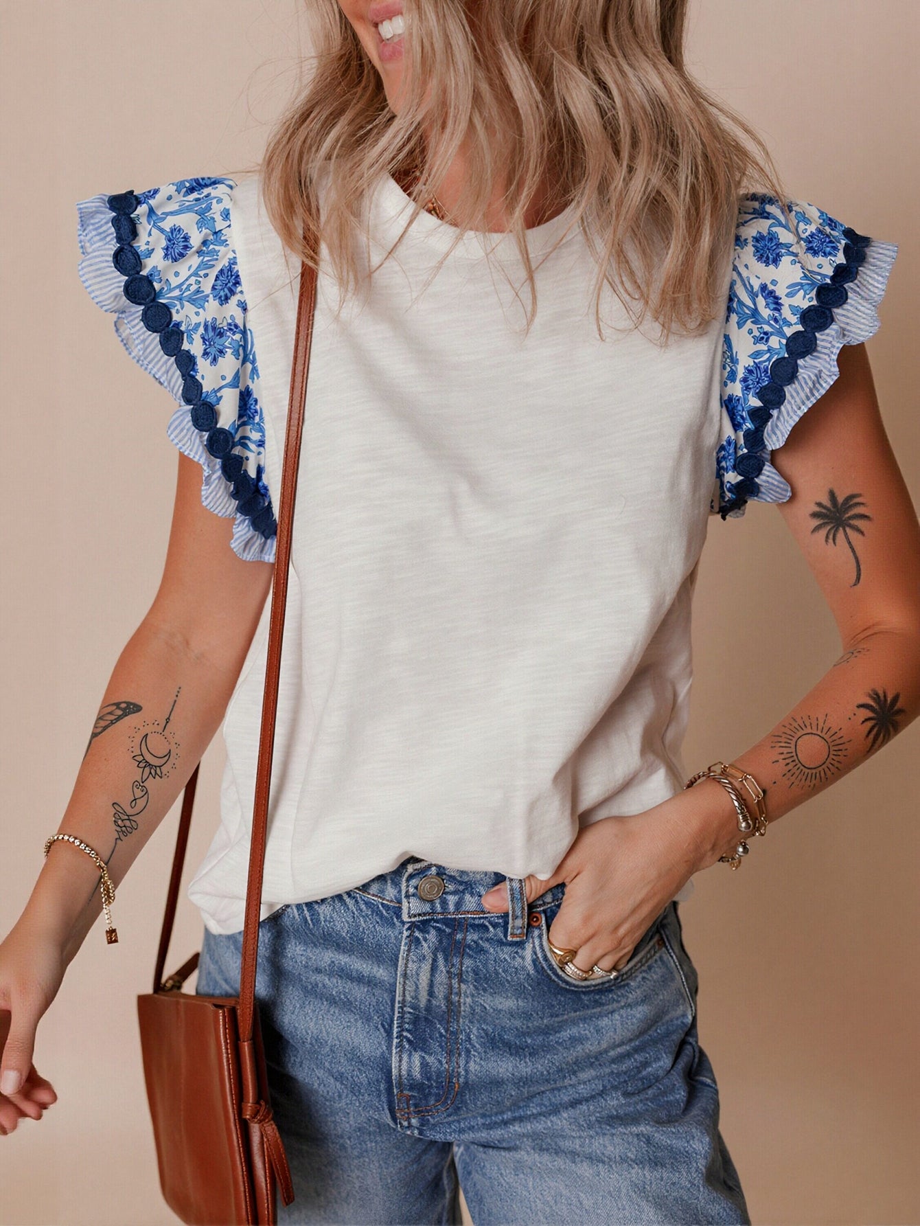 Embroidered Flutter Sleeve Cotton T-Shirt