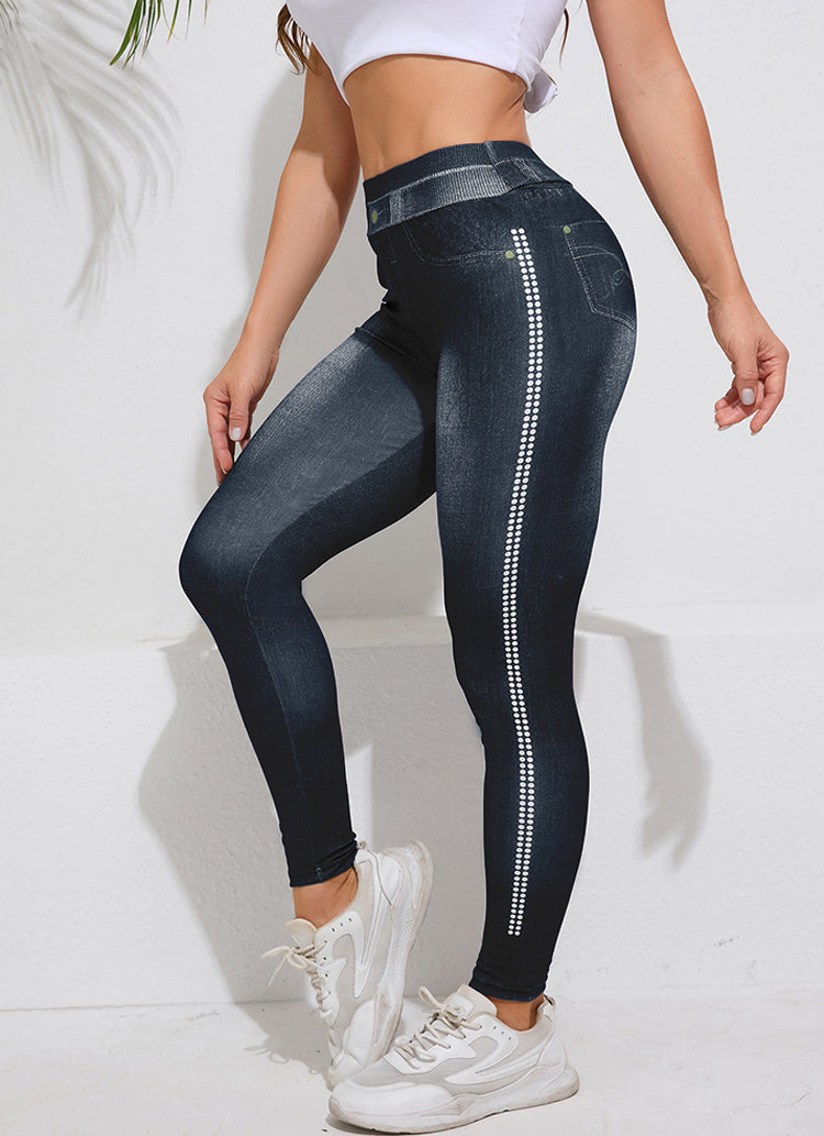 Side-Dot Denim-Print Stretchy Stylish Yoga Pants-Blue