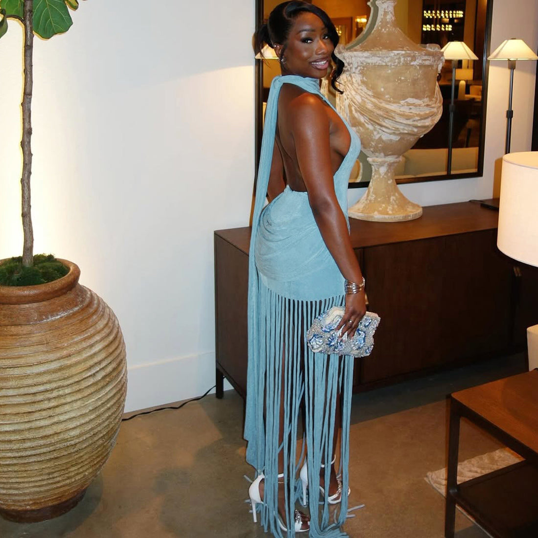 High Neck Fringe Skirt Glamorous Gown