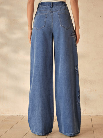 Embroidered High Waisted Wide Leg Jeans