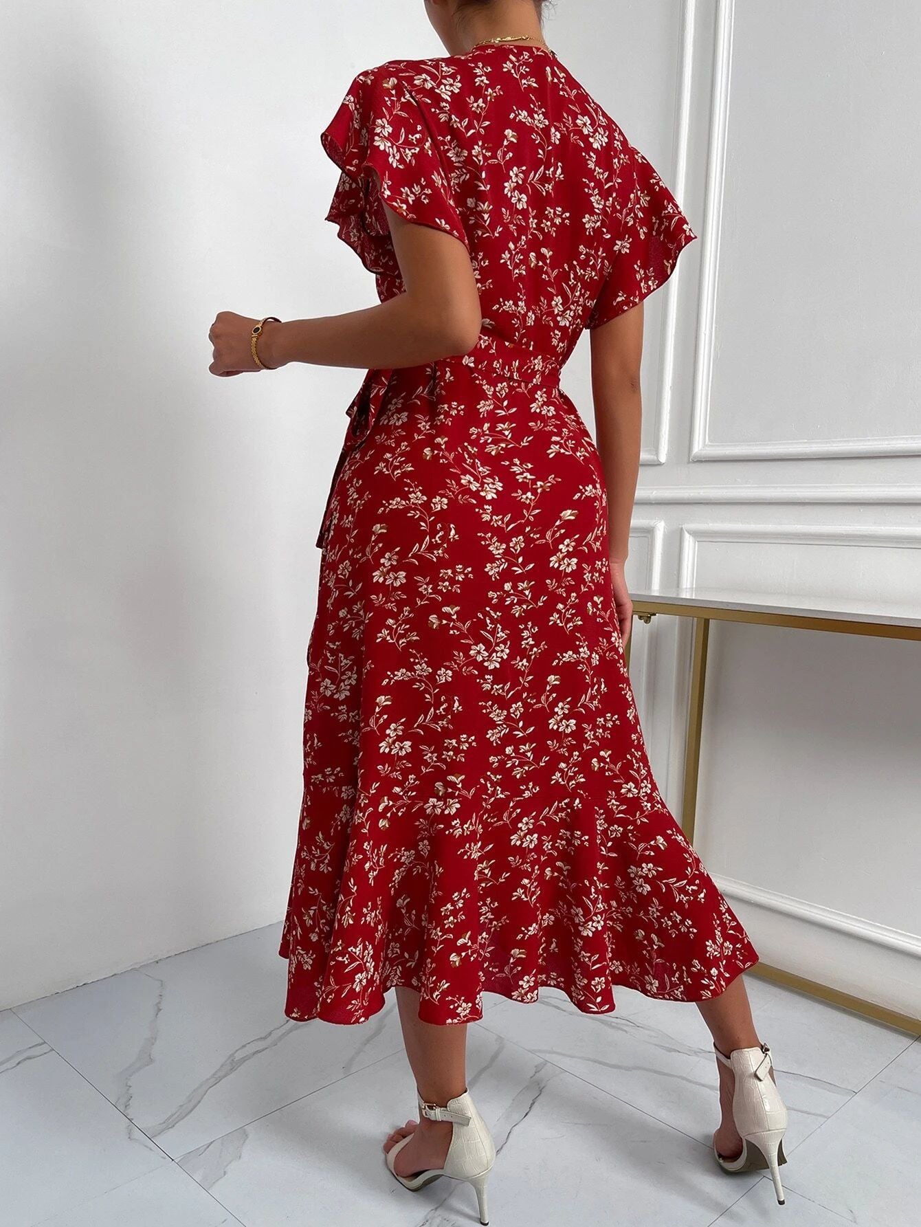 V Neck Wrap Waist Romantic Midi Dress