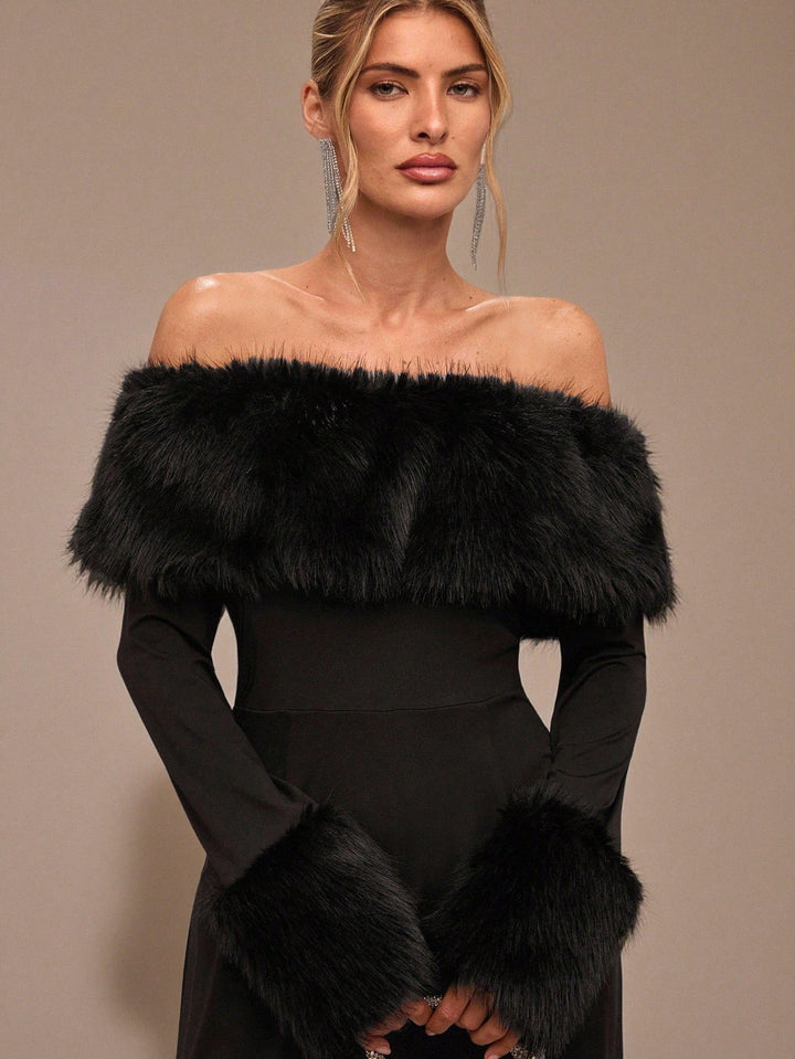 Faux Fur Off Shoulder Jumpsuit