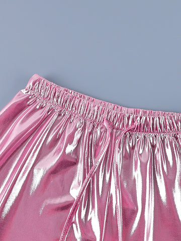 Metallic Satin Drawstring Wide Leg Pants