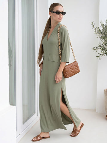 Casual V Neck Side Slit Dress