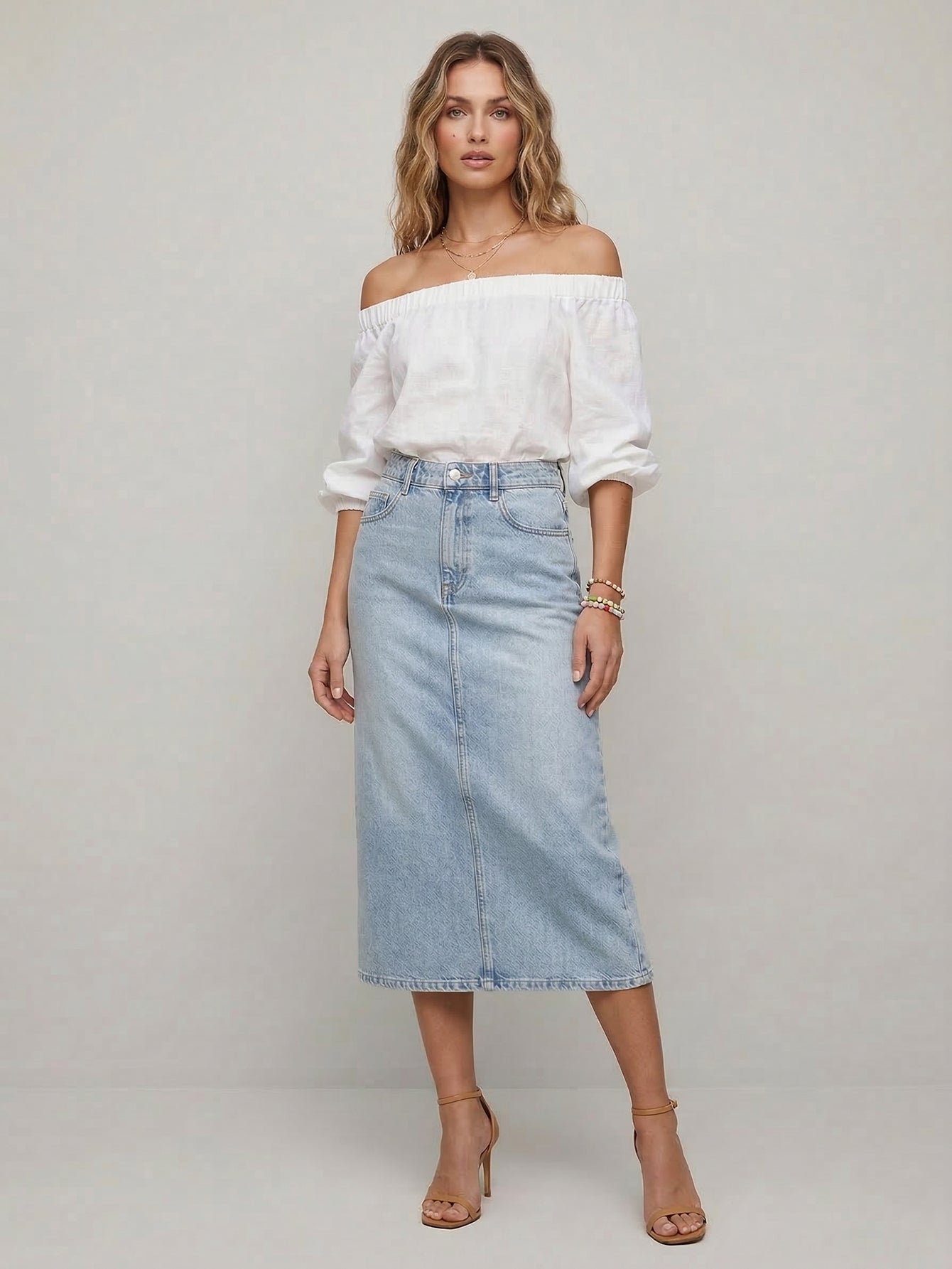 Cotton Denim Midi Skirt