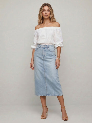 Cotton Denim Midi Skirt
