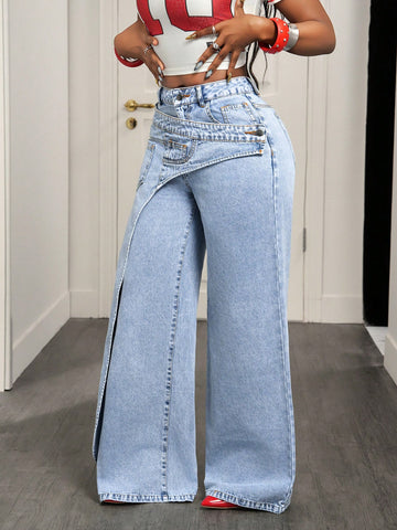 High Waisted Asymmetric Wide Leg Jeans